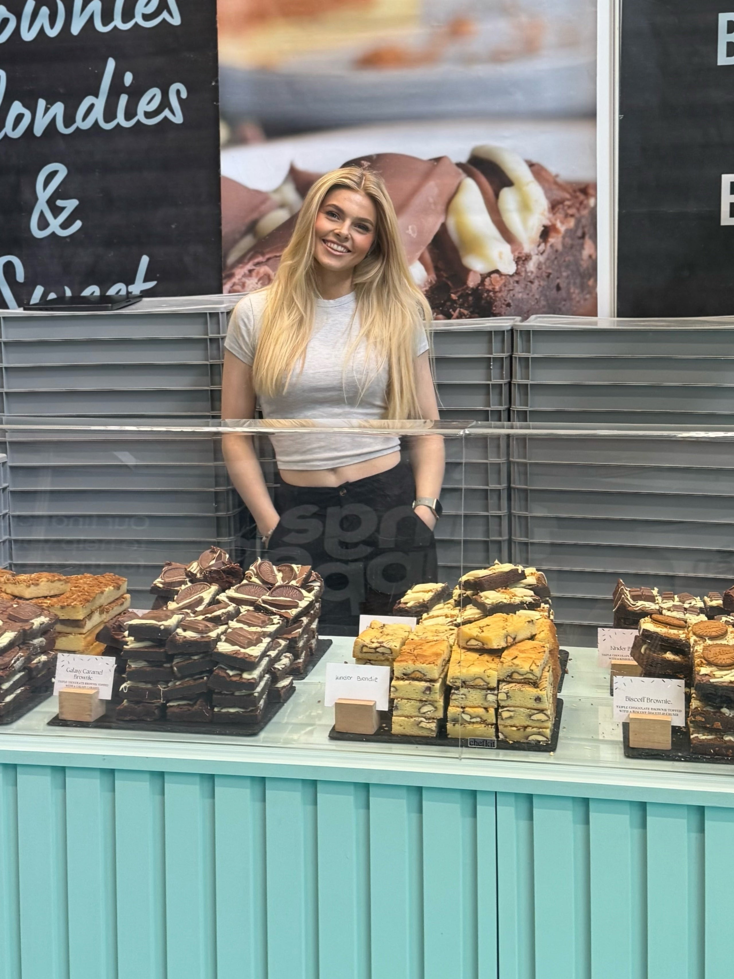 Cheshire Bakes market stall with a wide selection of handmade brownies and blondies, including Biscoff, Oreo and chocolate chunk, freshly baked and sold by the slice or box in the UK.
